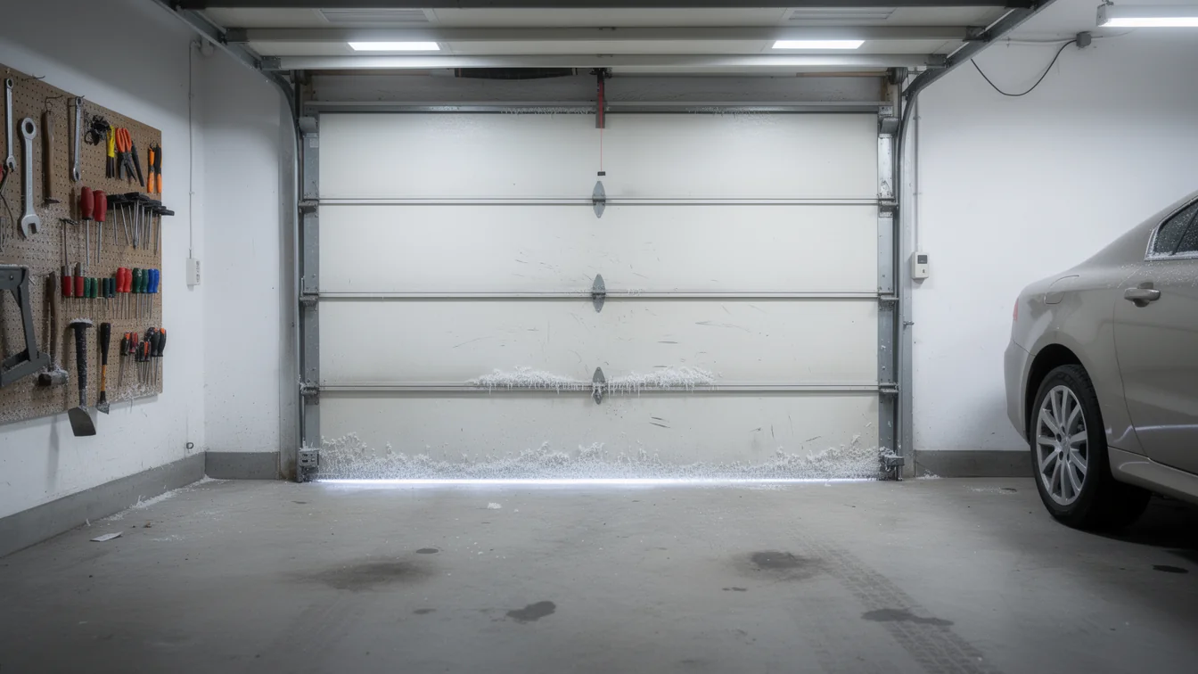 The white garage door is closed with snow and ice at the bottom.