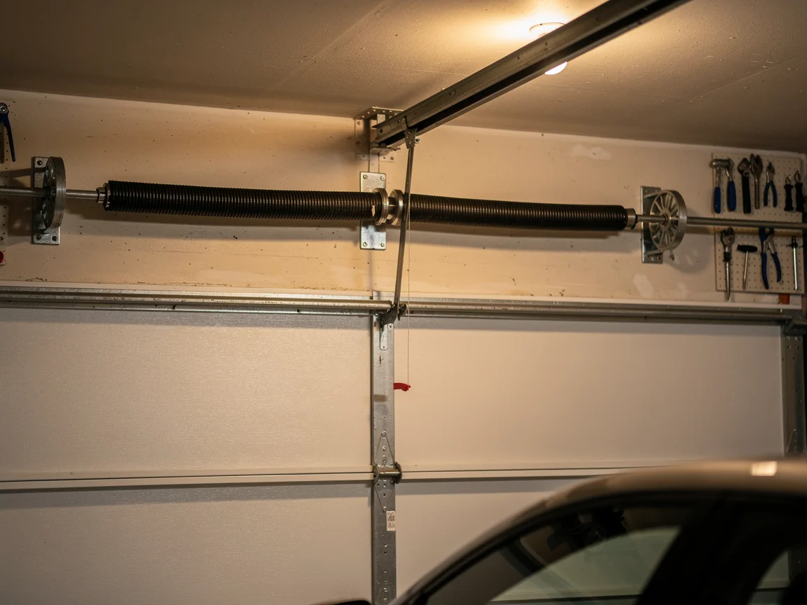 A black torsion spring is mounted above a white garage door.