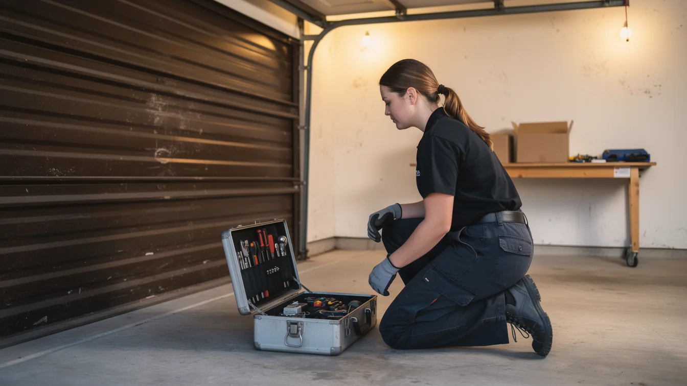 A technician kneels in a garage, looking at an open toolbox on the floor.