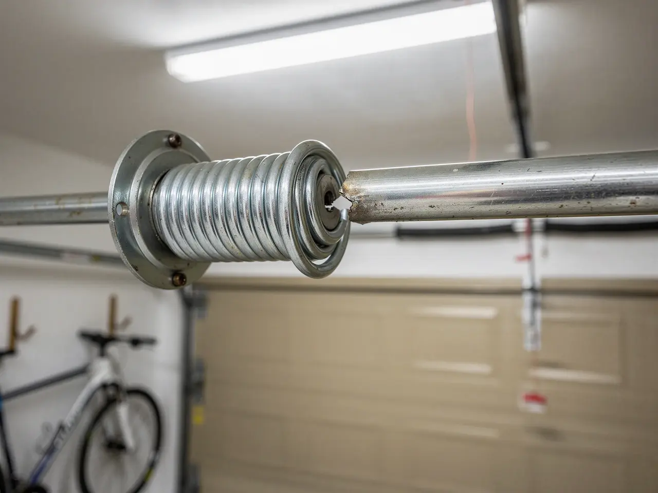 A broken torsion spring is visible on a metal shaft in a garage.