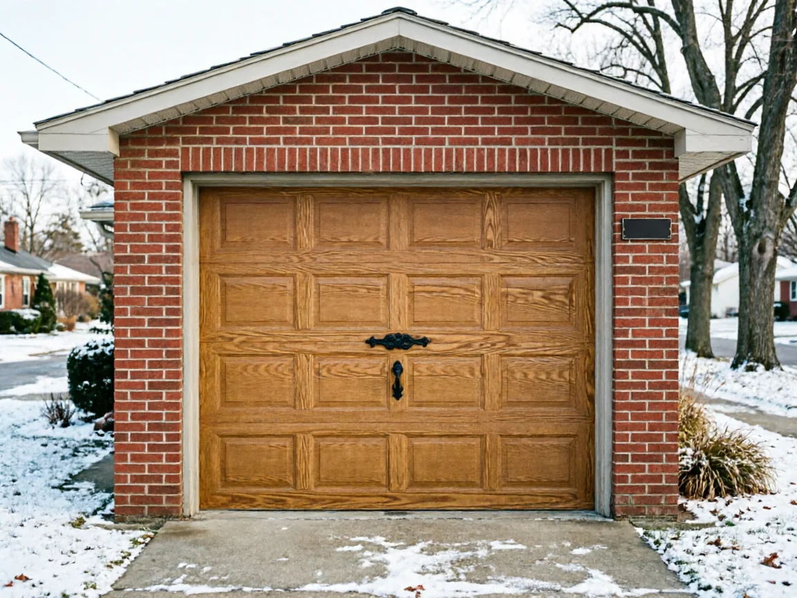 A single brown garage door is set in a red brick garage with snow on the ground.